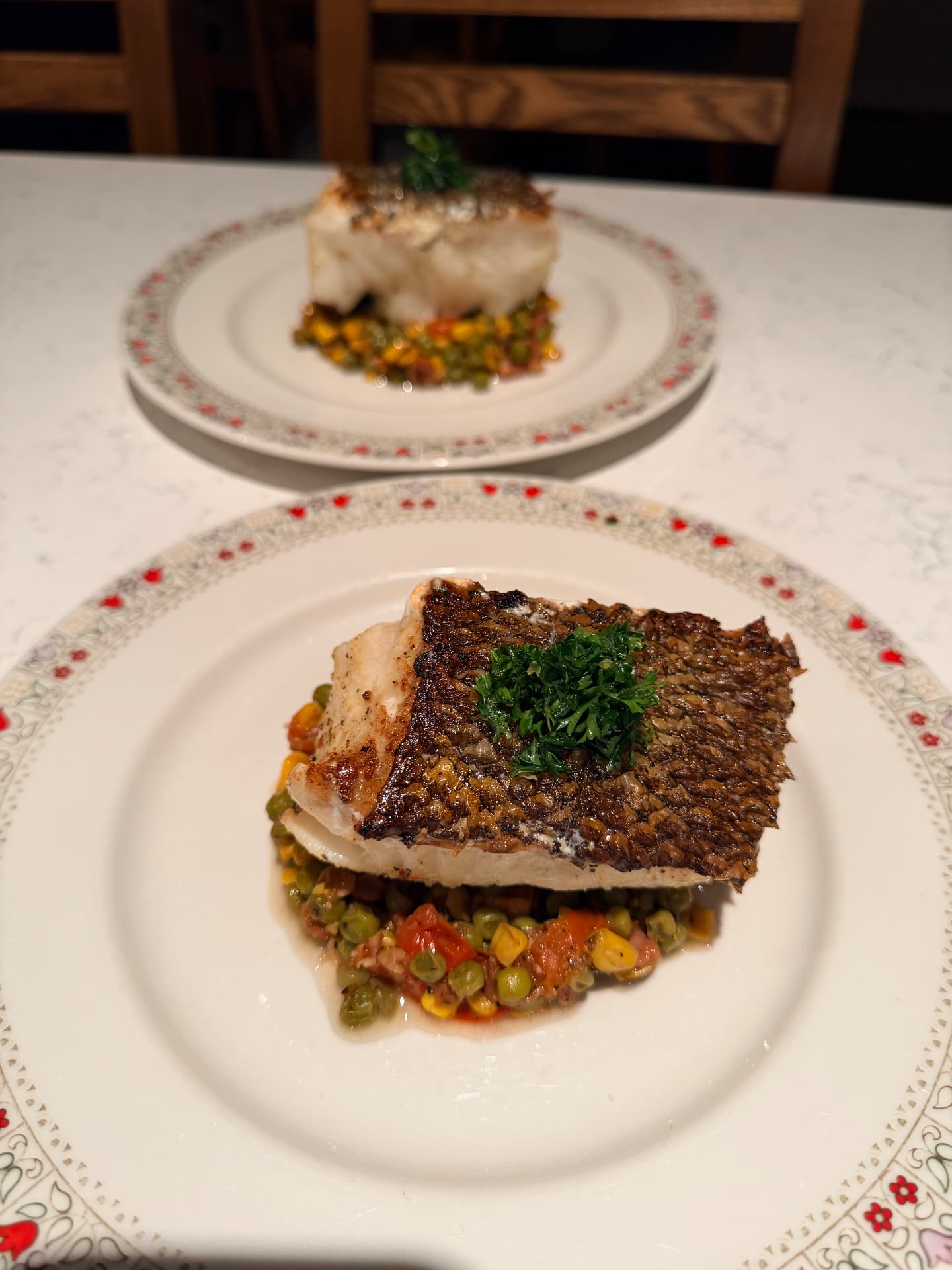 Southern seared gulf fish over summer succotash