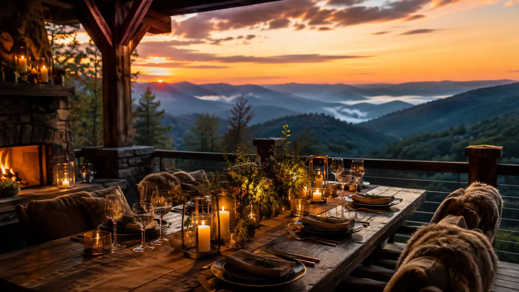 Candlelit dinner table set on a mountain cabin porch at sunset