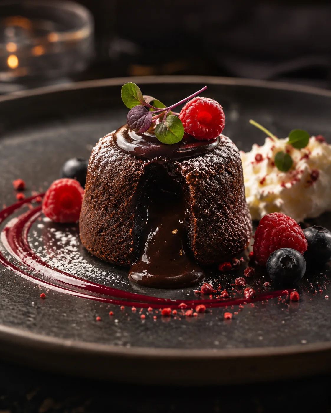 Warm chocolate dessert with berries and whipped cream
