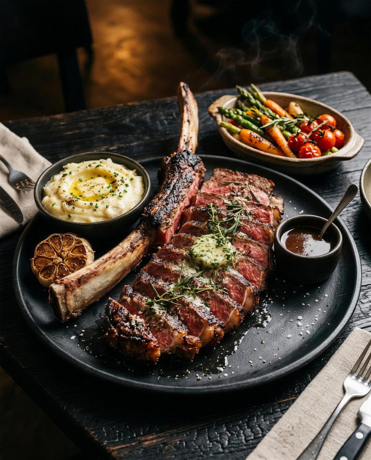 Sliced 40 oz tomahawk steak for two, plated with truffle mashed potatoes and roasted garlic