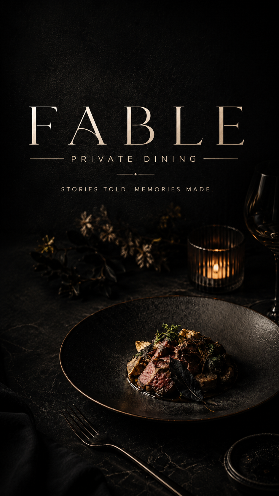 Fable Private Dining — plated course on dark ceramic with candlelight and wine