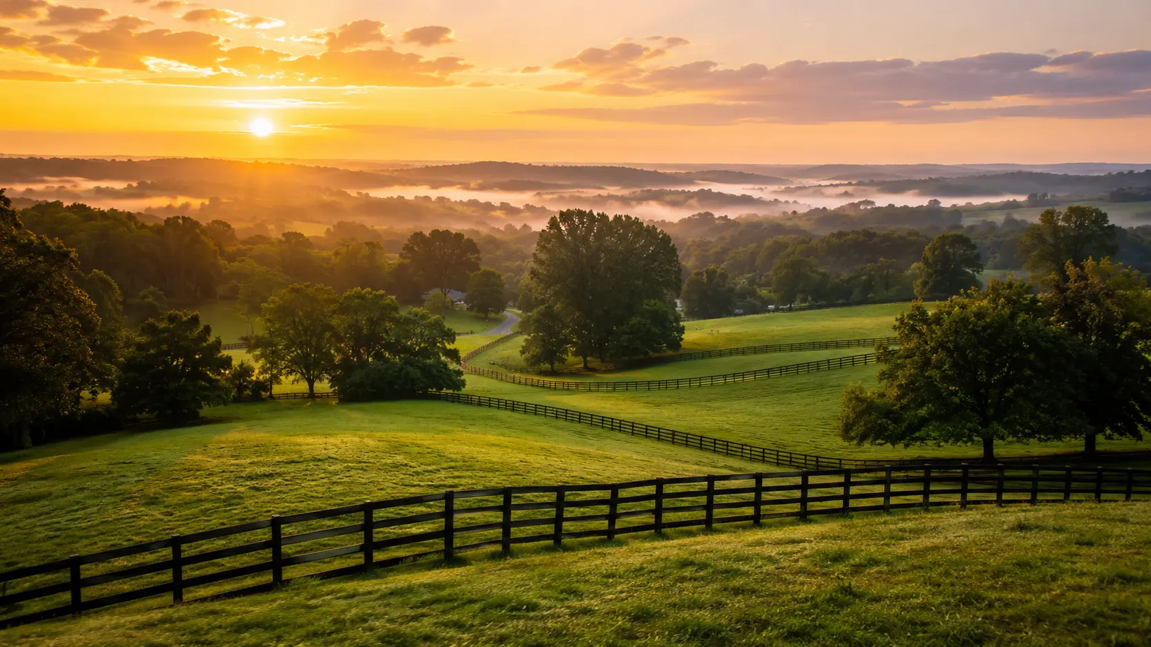 Sunrise over misty Kentucky pastures lined with black plank fencing