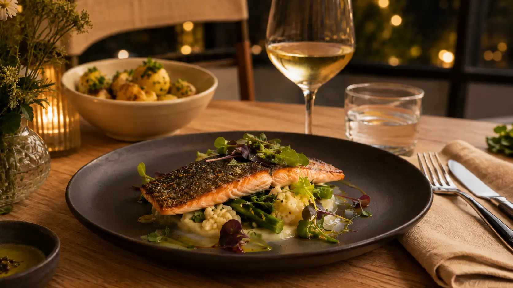 Crispy-skin salmon with asparagus, cauliflower purée and micro greens