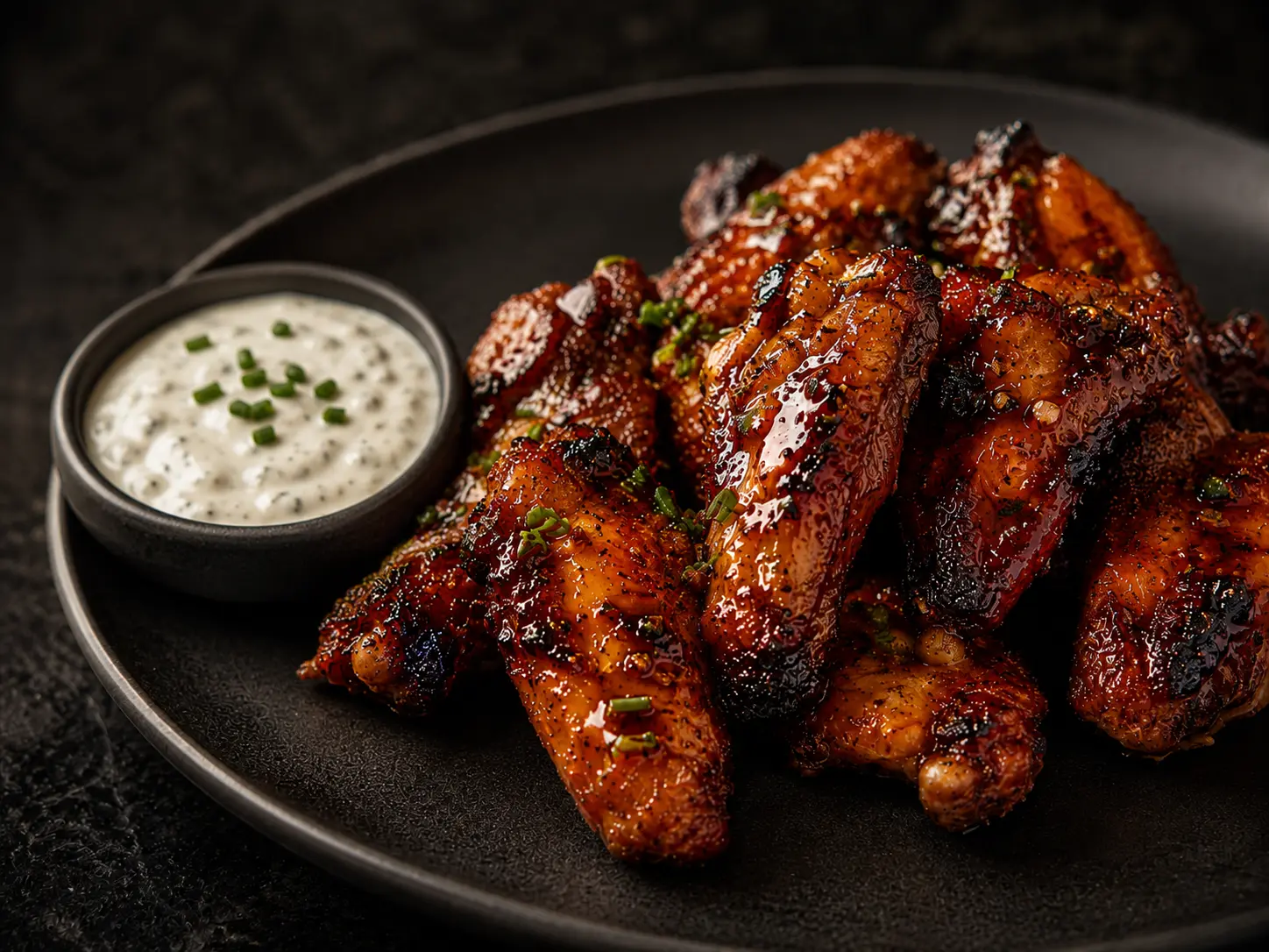 Glazed chef wings with herb ranch on a dark plate