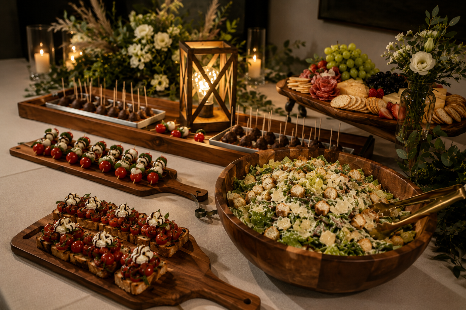Catering spread of chef-prepared dishes laid out for a large Nashville event