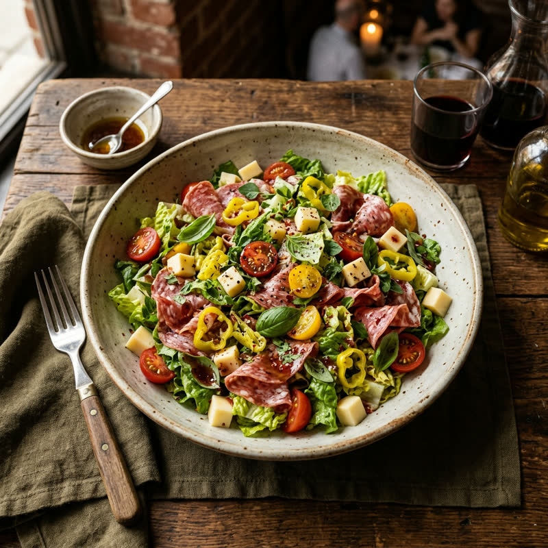 Chopped tavern salad with cheddar, bacon and pickled onion