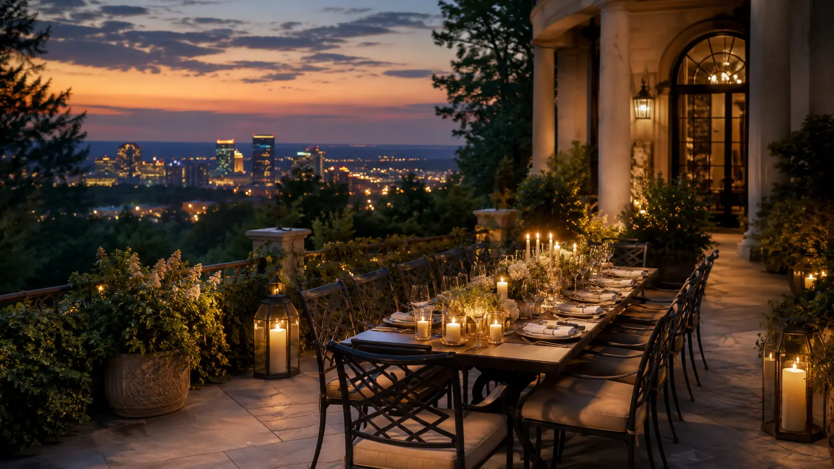 Candlelit dinner table set on a stone terrace overlooking a city skyline at dusk