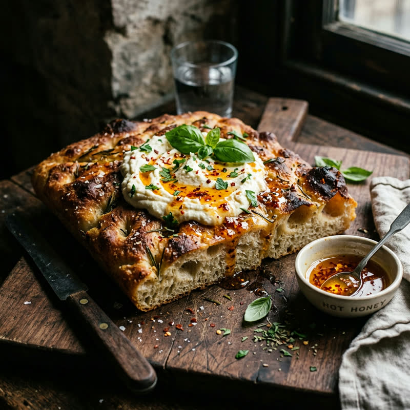 Rosemary focaccia with whipped ricotta and hot honey