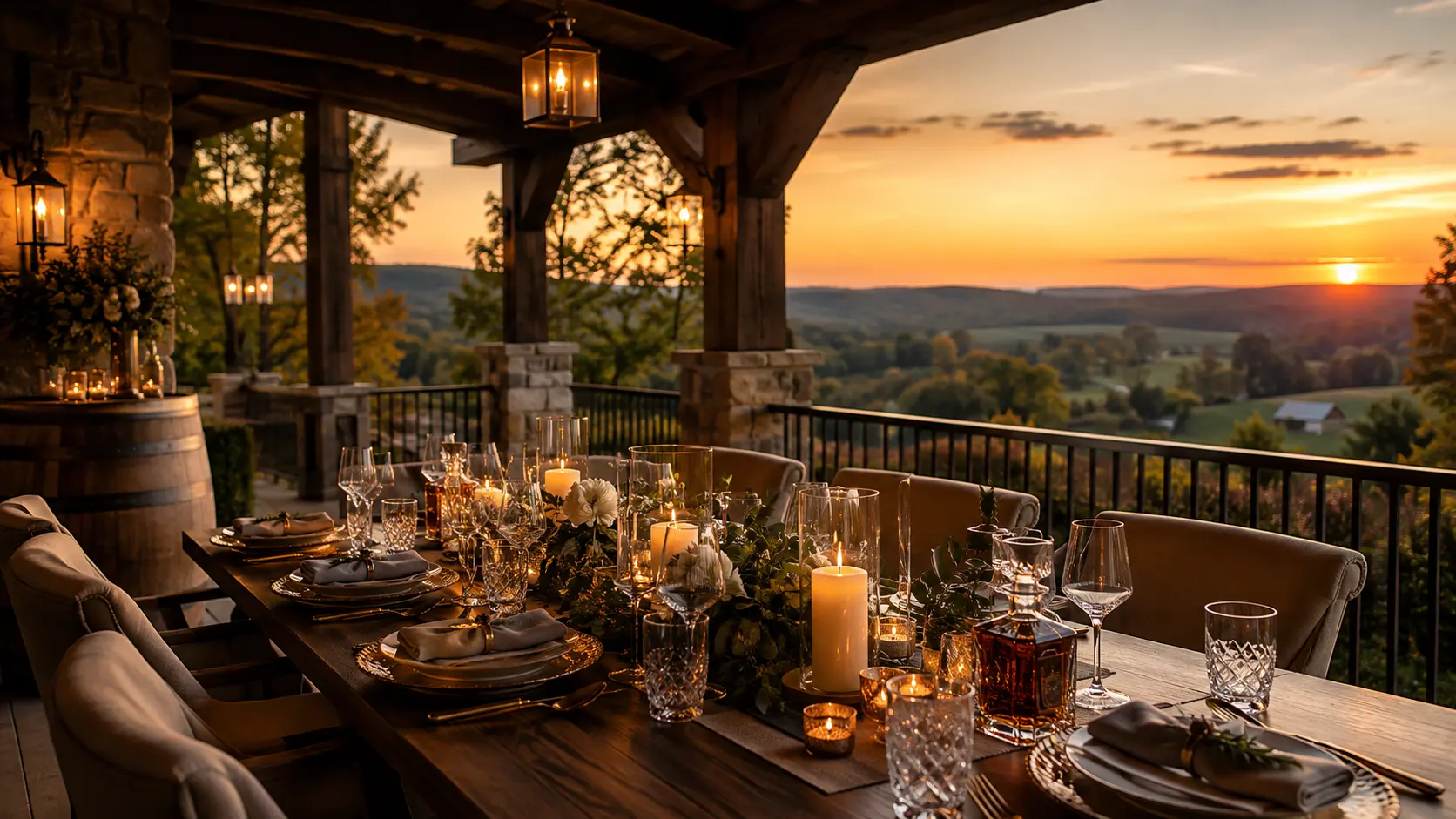 Candlelit dinner table set on a covered stone porch overlooking rolling hills at sunset