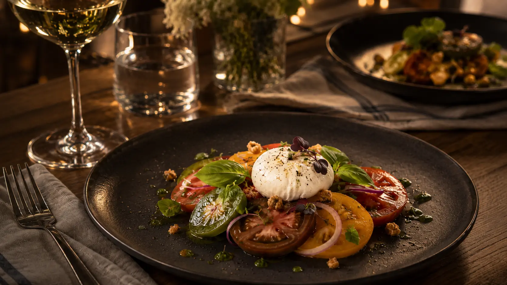 Heirloom tomato and burrata salad with basil and herb oil