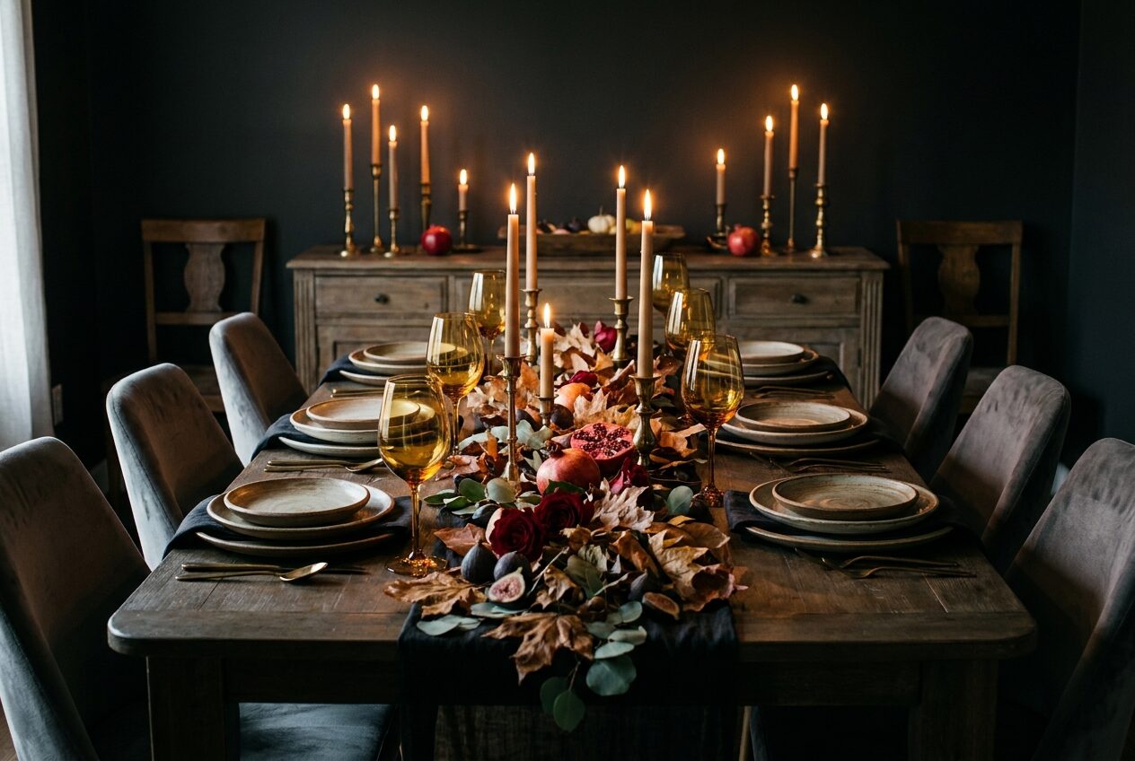Candlelit private chef dinner party table set in a Nashville home